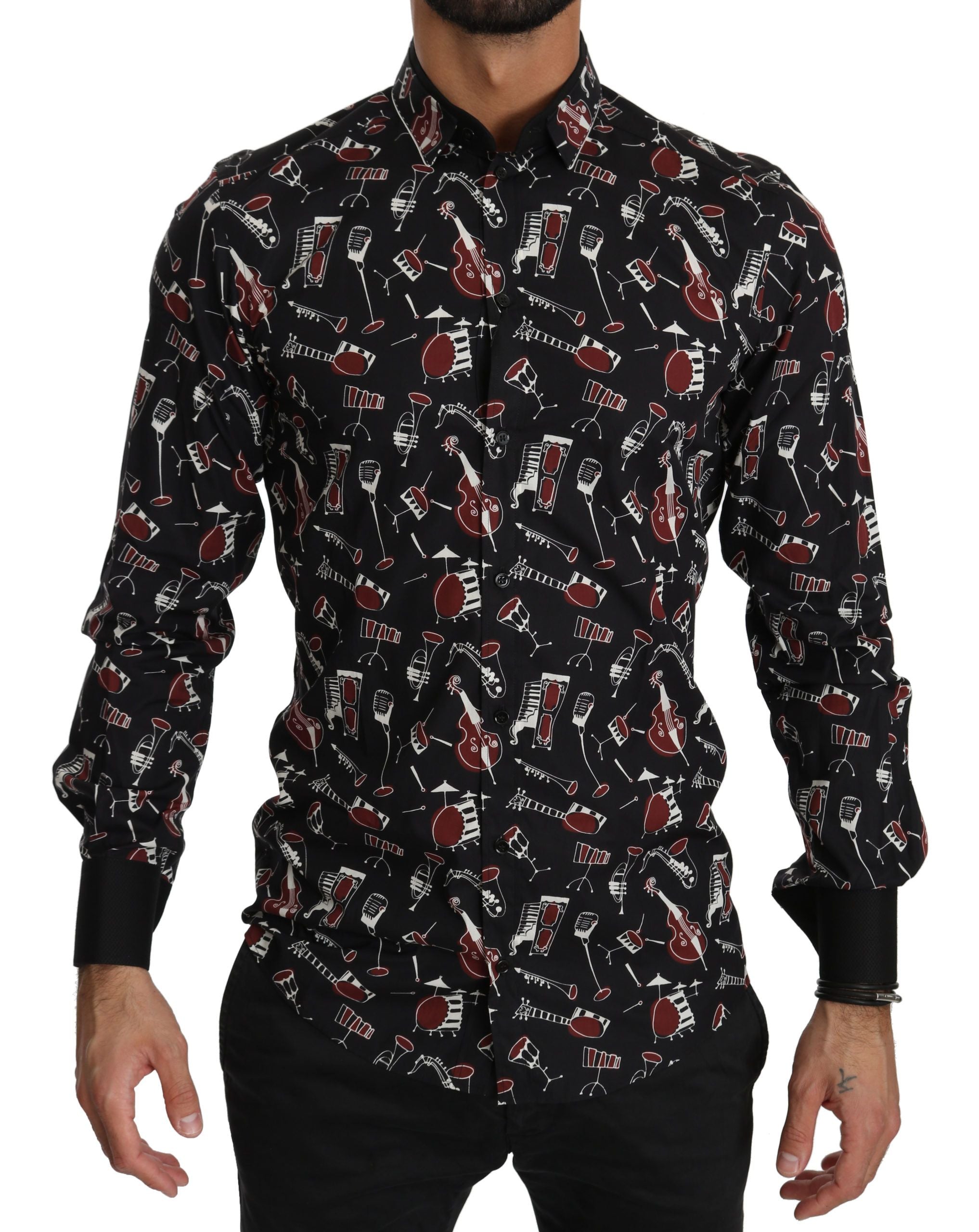 Dolce & Gabbana Elegant black shirt with musical print in cotton silk